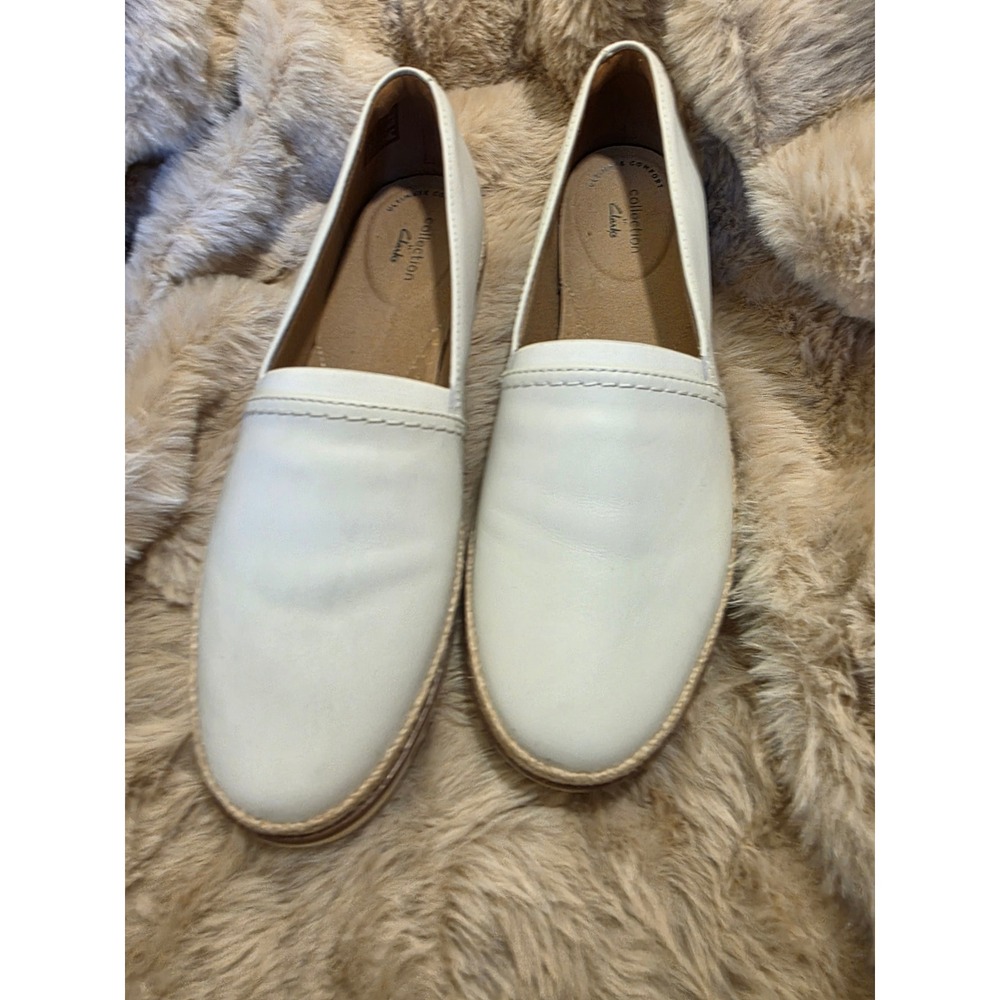 Clarks Collection Pure Tone White Leather Slip On Loafers Womens 9.5 M 261533447